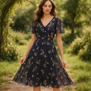 New Alexia Admor V Neck Dark Floral Dress Size 12 Cottagecore Fairy Whimiscal